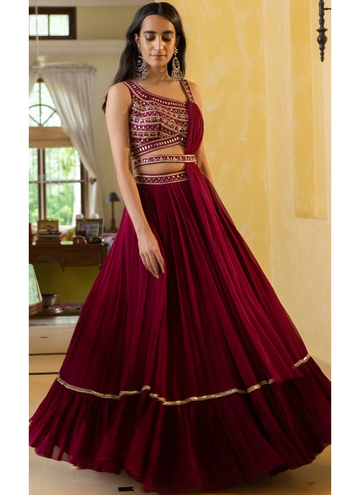 Designer Georgette Wine Lehenga Set With Mirror Work